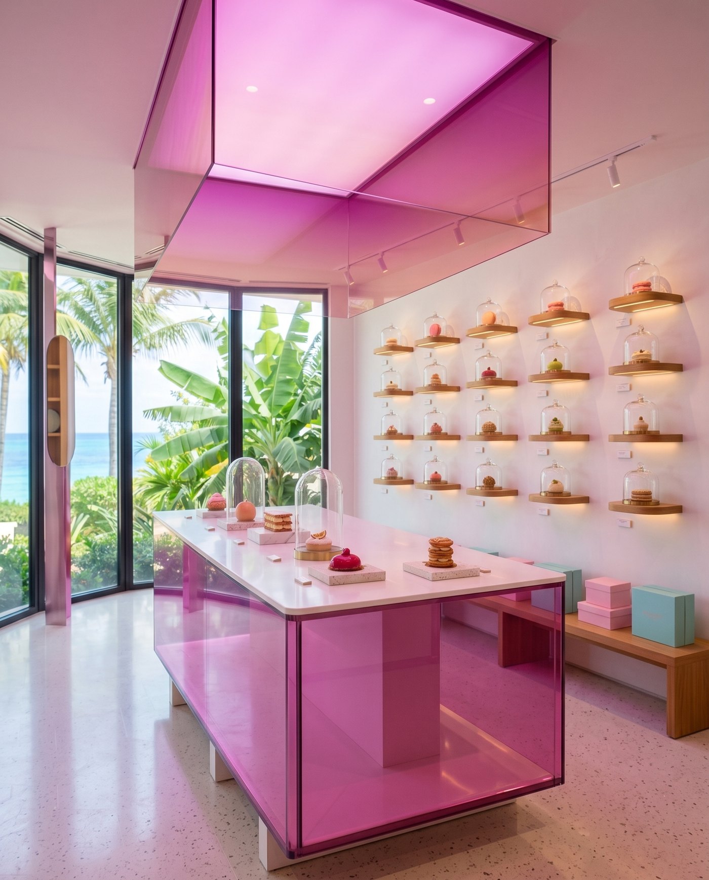 Concept : une pâtisserie caribéenne pensée comme une galerie d'art, comptoir en verre rose et mur de pâtisseries sous cloches.